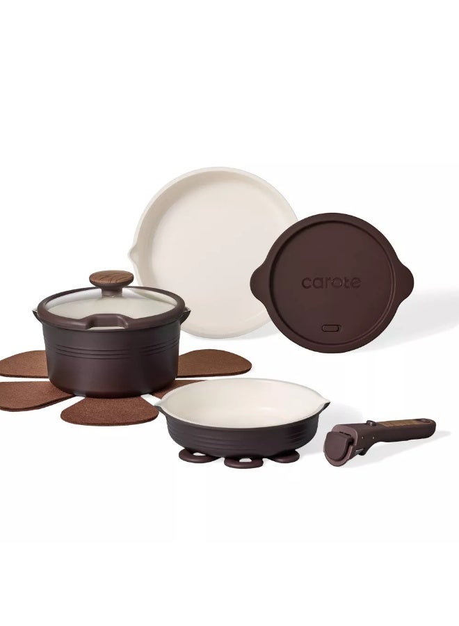 Carote 10-Piece Ceramic Nonstick Cookware Set with Detachable Handle, PFAS-Free Healthy Cooking Pots & Pans, Stackable Design with Pour Spouts, All-Stovetop Compatible, Dishwasher Safe (Chocolate) - Image 1